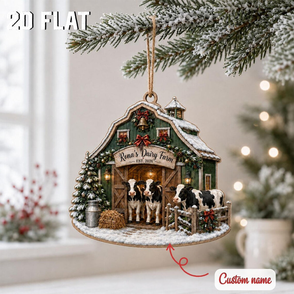 Personalized Dairy Farm Christmas Ornament, Custom Cow Barn Family Name Keepsake, Rustic Farmhouse Holiday Tree Decoration 2026	COPETAL42