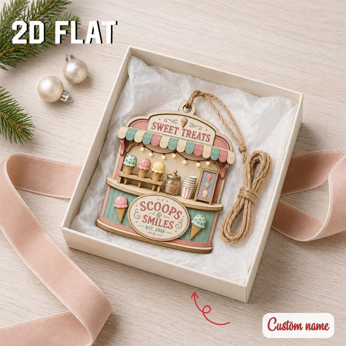 Personalized Ice Cream Shop Christmas Ornament, Custom Business Name Wooden Keepsake, Dessert Lover Gift, Holiday Decor 2026 	COPETAL46