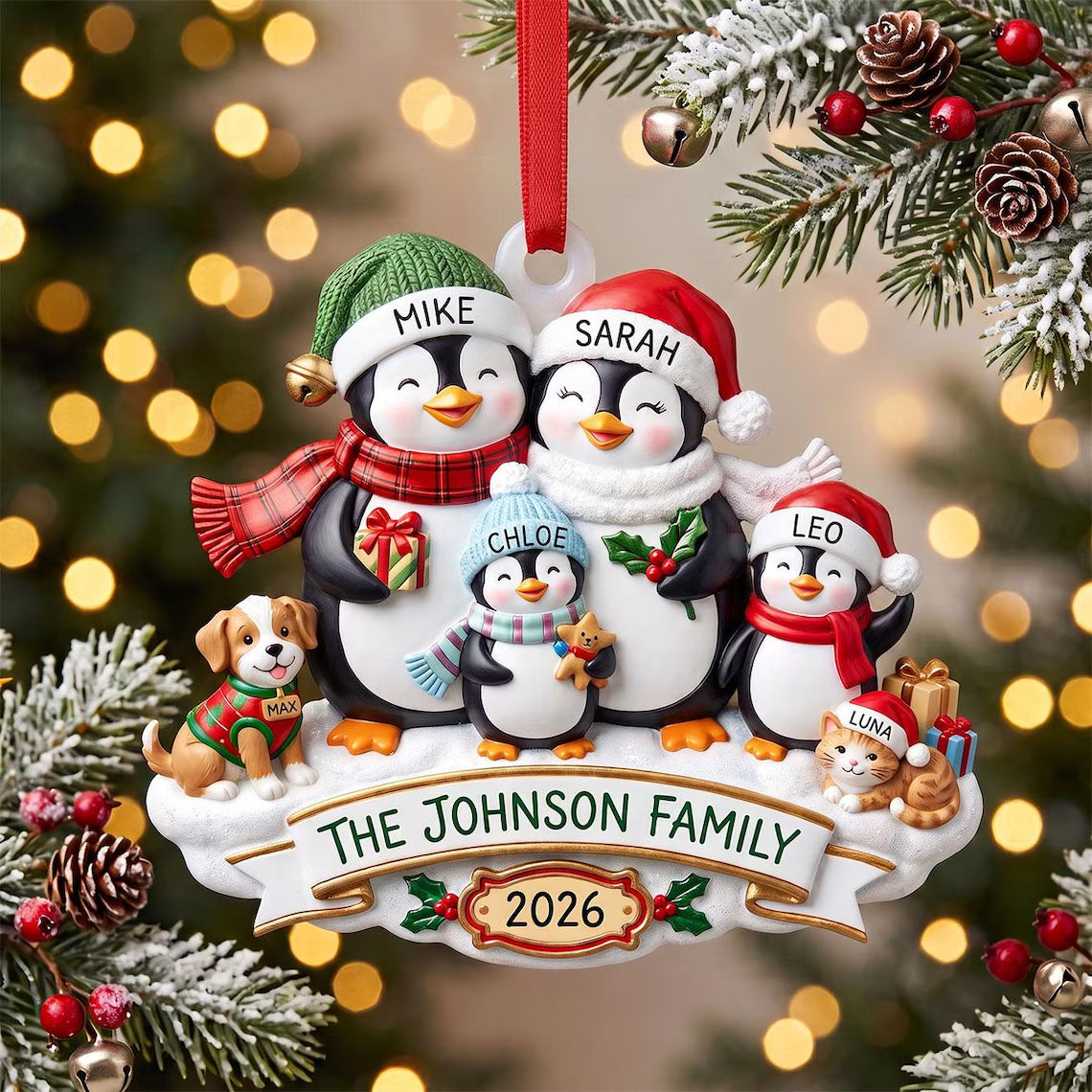 Personalized Penguin Family Ornament, Custom Name Christmas Ornament with Pets, Dog & Cat Family Keepsake, Family Christmas Gift 2026 COPETAL63
