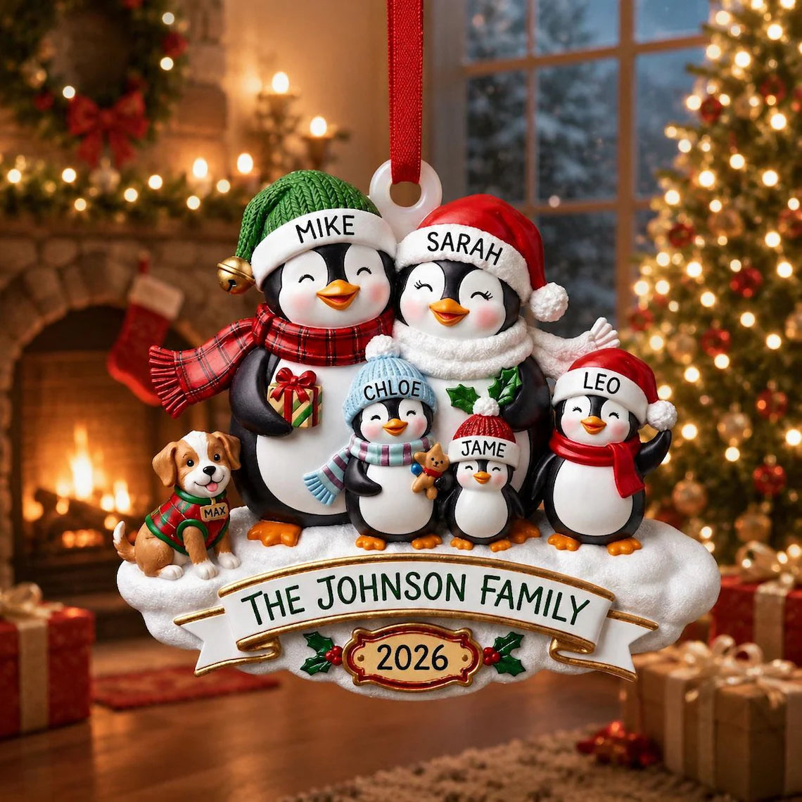 Personalized Penguin Family Ornament, Custom Name Christmas Ornament with Pets, Dog & Cat Family Keepsake, Family Christmas Gift 2026 COPETAL63