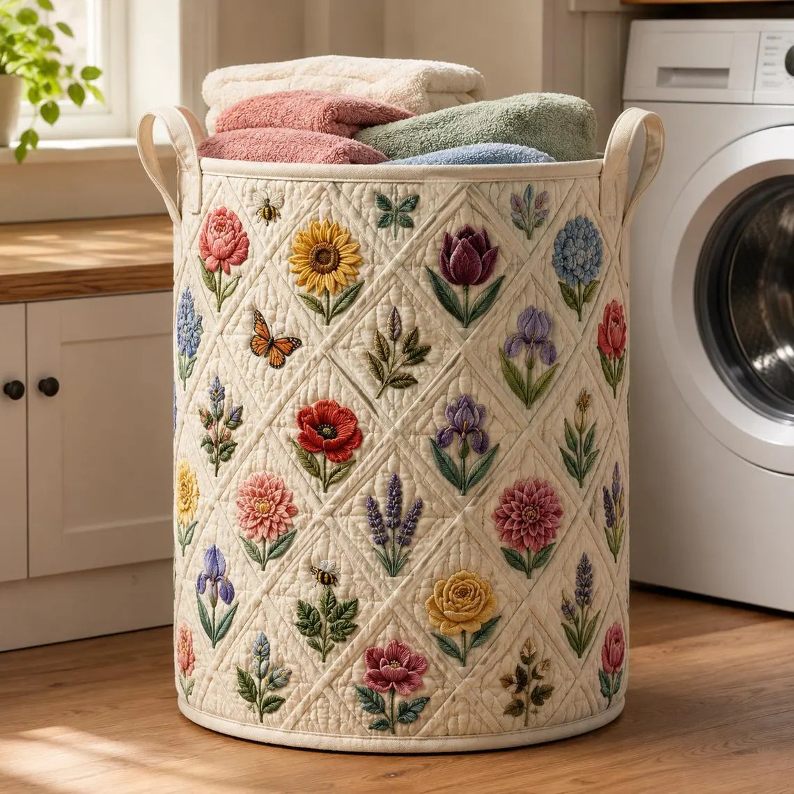 Quilted Floral Laundry Basket, Wildflower Botanical Cottagecore Storage Bin	LBPETAL165