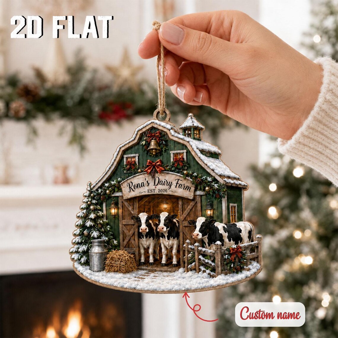 Personalized Dairy Farm Christmas Ornament, Custom Cow Barn Family Name Keepsake, Rustic Farmhouse Holiday Tree Decoration 2026	COPETAL42