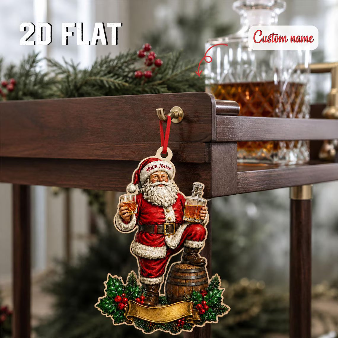 Personalized Santa Whiskey Christmas Ornament, Custom Name Wooden Keepsake, Bourbon Lover Gift, Funny Holiday Tree Decor 2026	COPETAL43