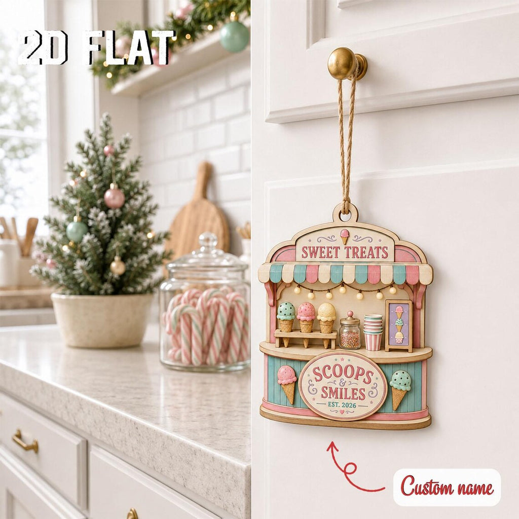 Personalized Ice Cream Shop Christmas Ornament, Custom Business Name Wooden Keepsake, Dessert Lover Gift, Holiday Decor 2026 	COPETAL46