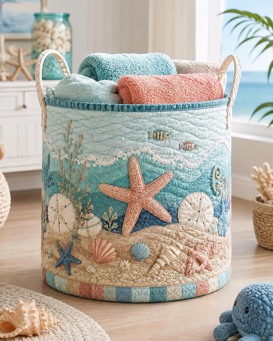 Quilted Starfish Storage Basket for Kids, Beach Nursery Toy Bin, Coastal Baby Room Organizer, Seashell Ocean Decor	LBPETAL186