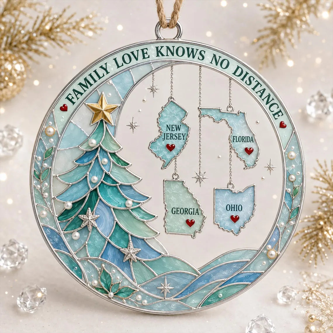 Personalized Long Distance Family Christmas Ornament, Custom State Ornament, Family Love Knows No Distance, 2D Flat Keepsake COPETAL52