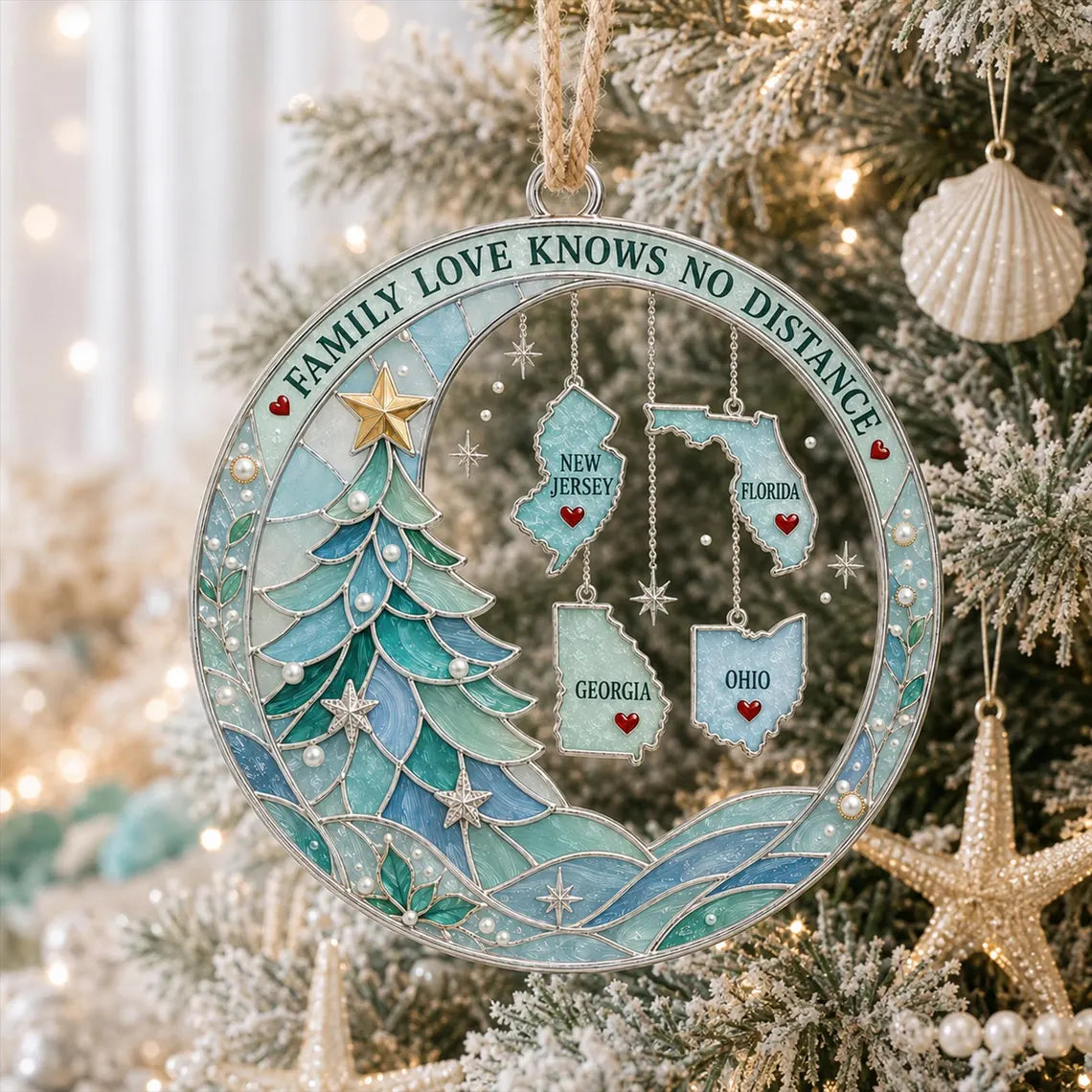 Personalized Long Distance Family Christmas Ornament, Custom State Ornament, Family Love Knows No Distance, 2D Flat Keepsake COPETAL52