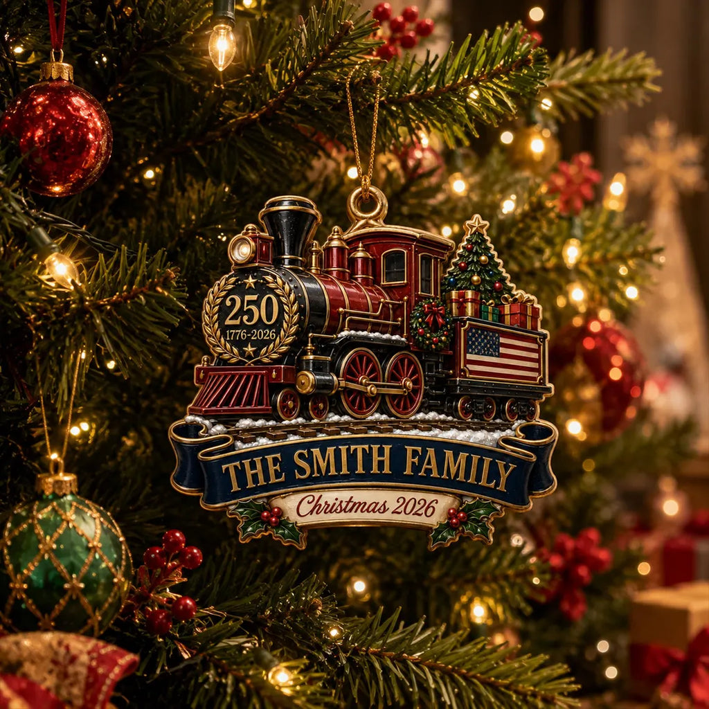 Personalized Christmas Train Ornament 2026, USA 250th Anniversary, Custom Family Name, Patriotic 1776-2026 Christmas Keepsake COPETAL60