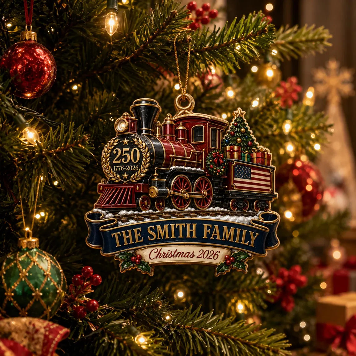 Personalized Christmas Train Ornament 2026, USA 250th Anniversary, Custom Family Name, Patriotic 1776-2026 Christmas Keepsake COPETAL60