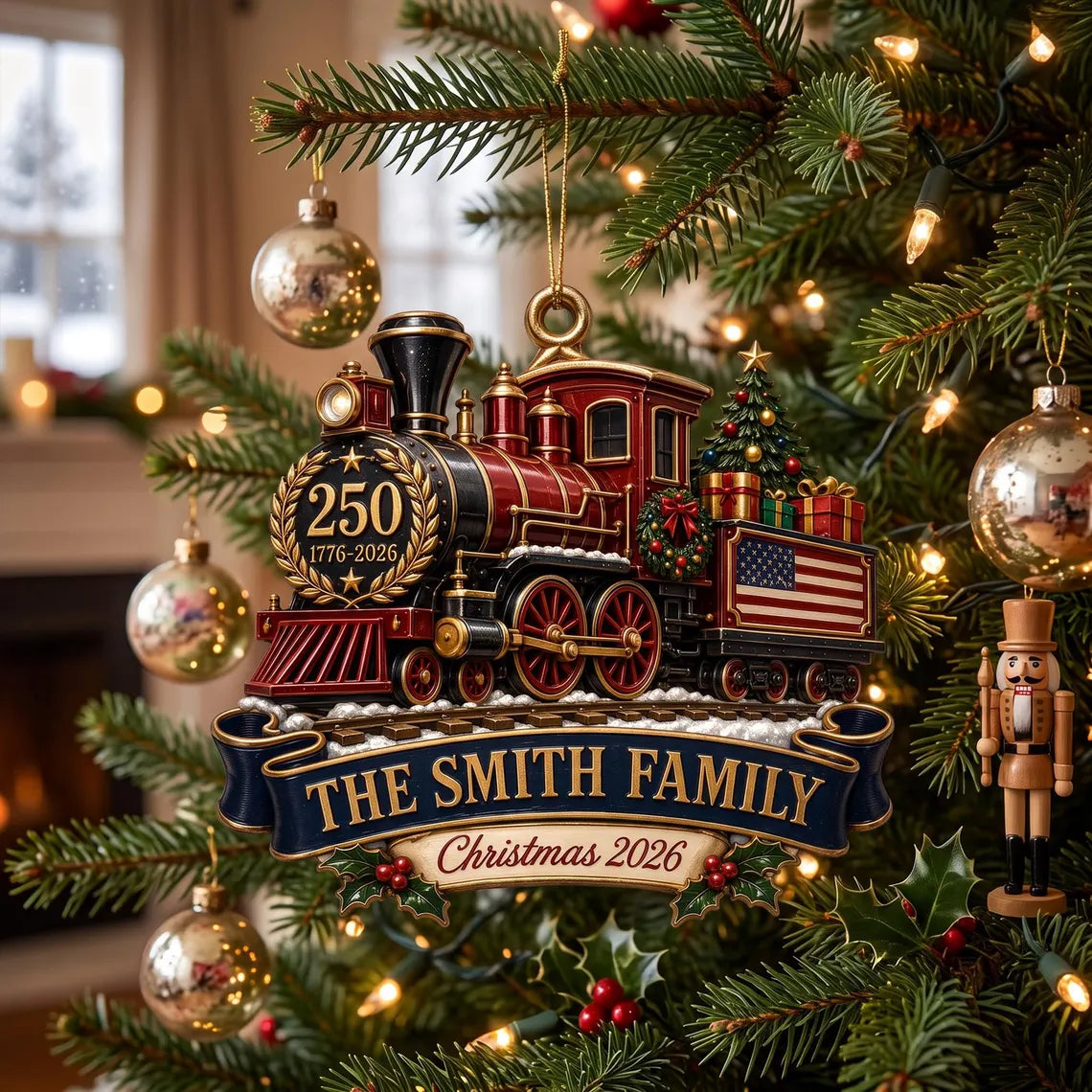 Personalized Christmas Train Ornament 2026, USA 250th Anniversary, Custom Family Name, Patriotic 1776-2026 Christmas Keepsake COPETAL60