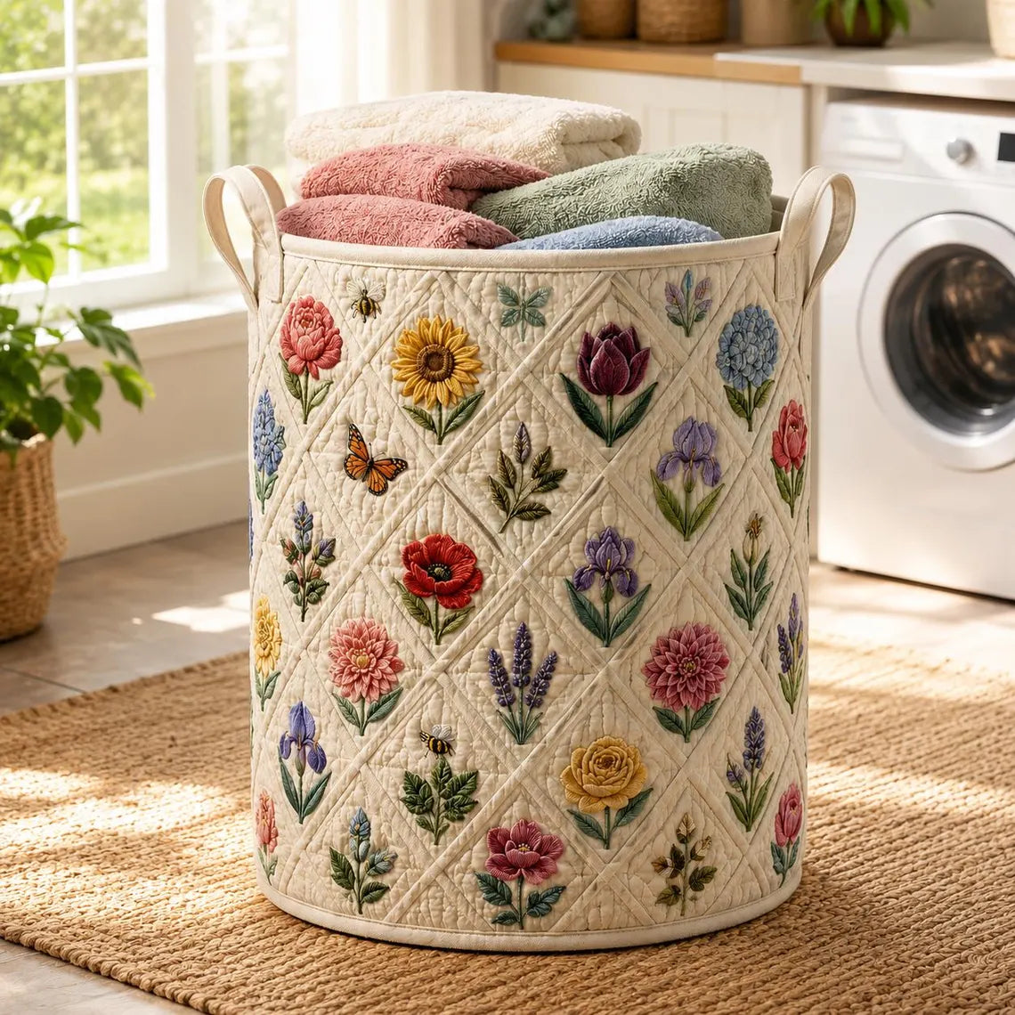 Quilted Floral Laundry Basket, Wildflower Botanical Cottagecore Storage Bin	LBPETAL165