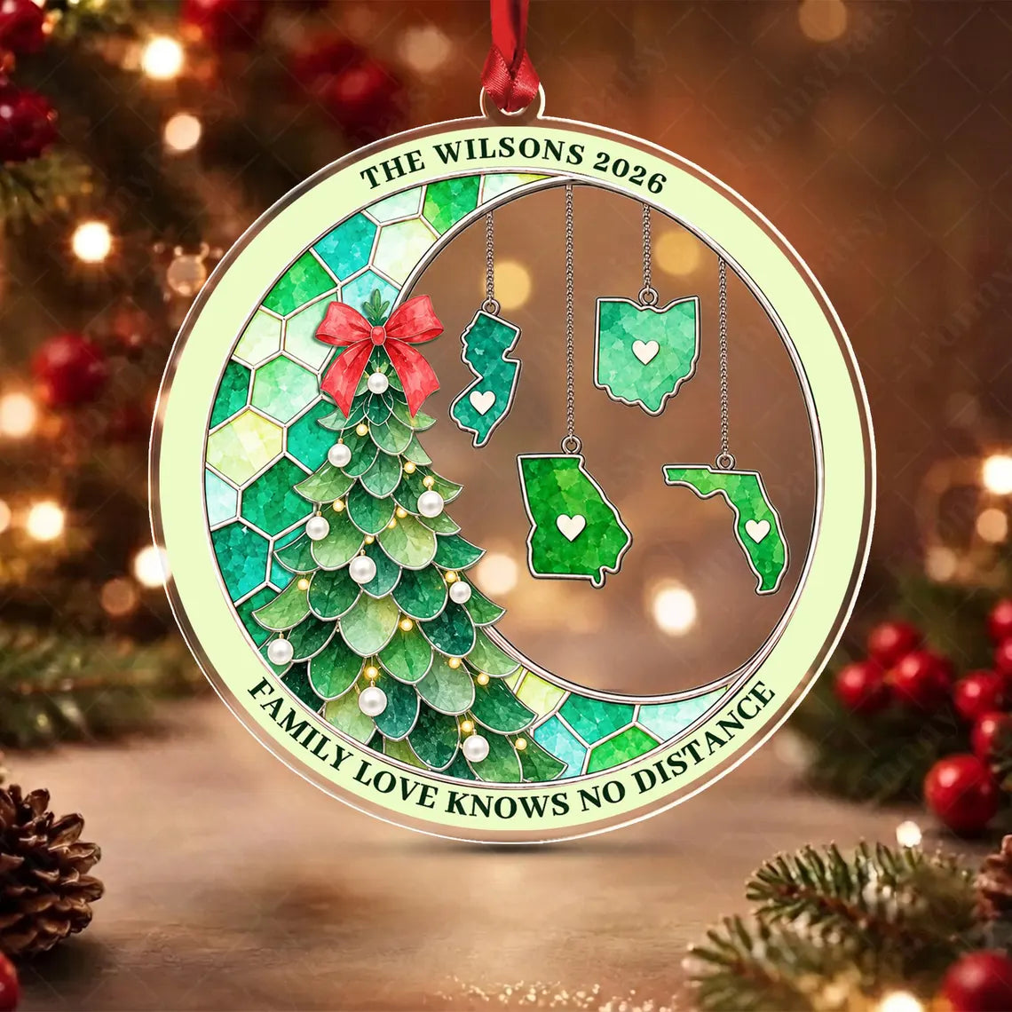 Personalized Family Love Knows No Distance Christmas Decor Acrylic Custom Shape Ornament COPETAL61