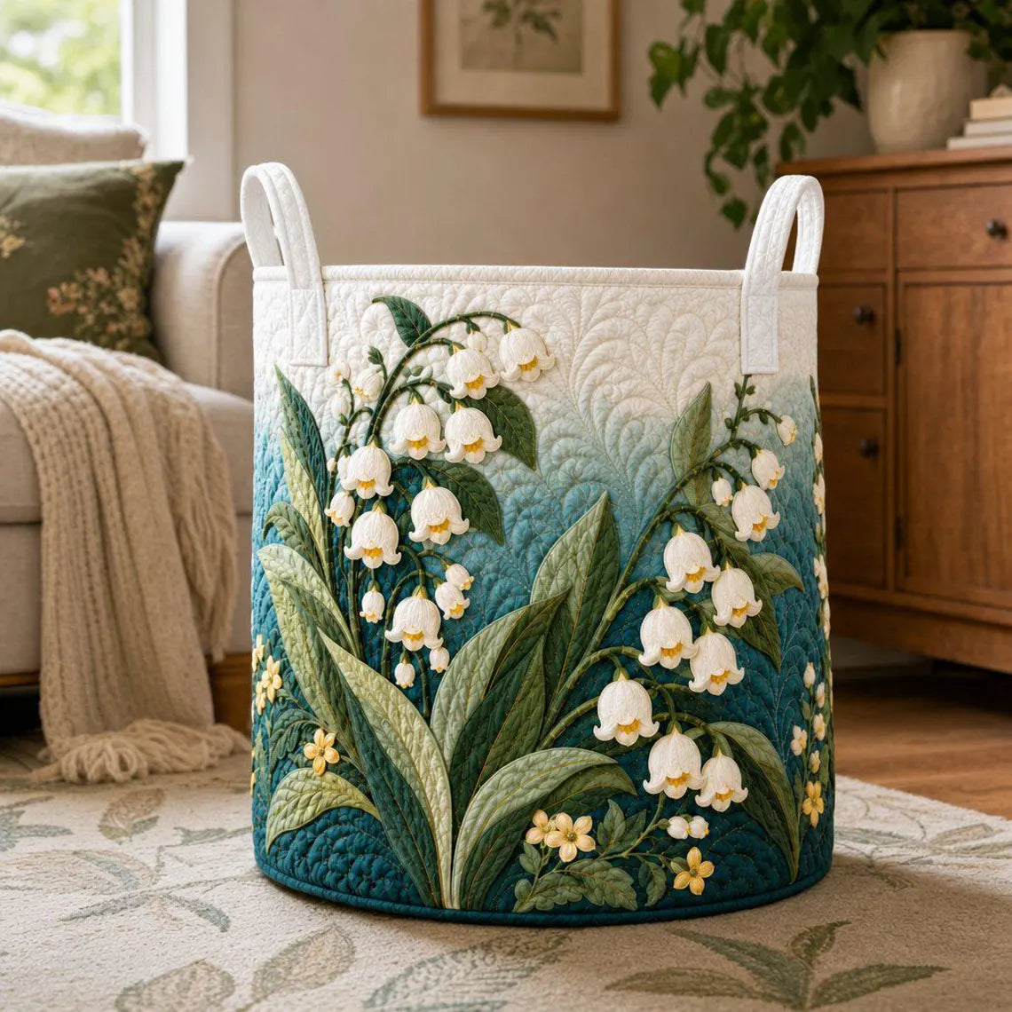 Lily of the Valley Quilted Laundry Basket, Floral Storage Hamper, Botanical Fabric Basket, Cottagecore Home Organizer 	LBPETAL168