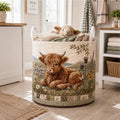 Quilt Laundry Basket, Highland Cow Hamper, Farmhouse Quilted Storage Bin, Cow Decor	LBPETAL151