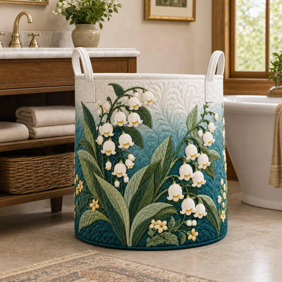 Lily of the Valley Quilted Laundry Basket, Floral Storage Hamper, Botanical Fabric Basket, Cottagecore Home Organizer 	LBPETAL168