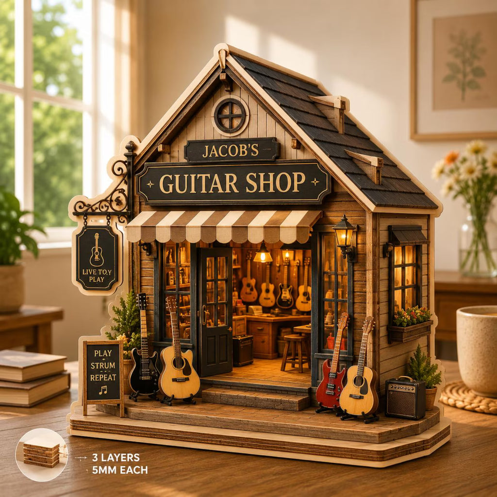 Personalized Guitar Shop Wooden Block, Jacob’s Guitar Shop 3 Layer Wood Decor, Custom Music Store Shelf Gift. WBPETAL20