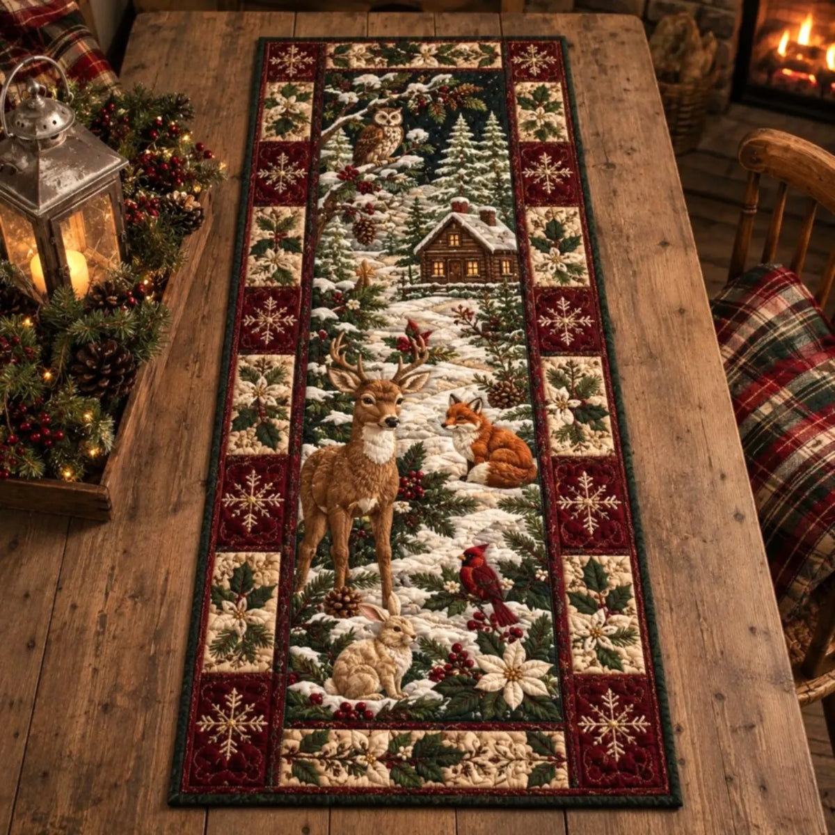 Christmas Quilted Table Runner, Holiday Winter Dining Table Decor, Festive Winter Table Centerpiece, Festive Farmhouse Xmas Home Decoration	QTPPETAL24