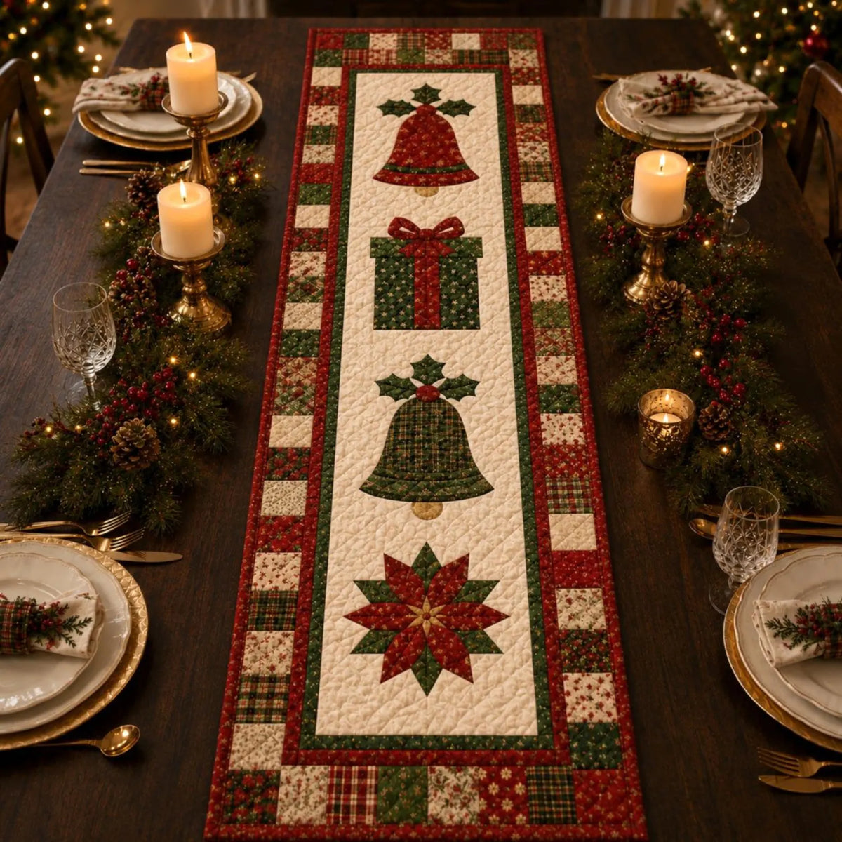 Christmas Quilted Table Runner, Traditional Red Green Holiday Table Decor, Holiday Winter Dining Table Decor, Festive Farmhouse Xmas Home Decor	QTPPETAL30