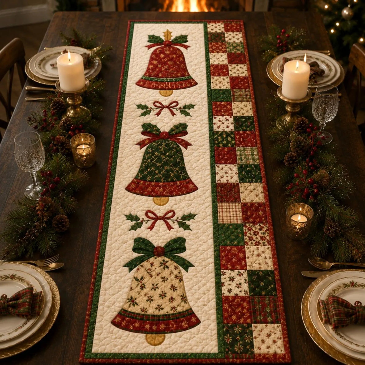 Christmas Quilted Table Runner, Traditional Red Green Holiday Table Decor, Xmas Holiday Winter Dining Table Decor, Festive Farmhouse Xmas Decor	QTPPETAL31