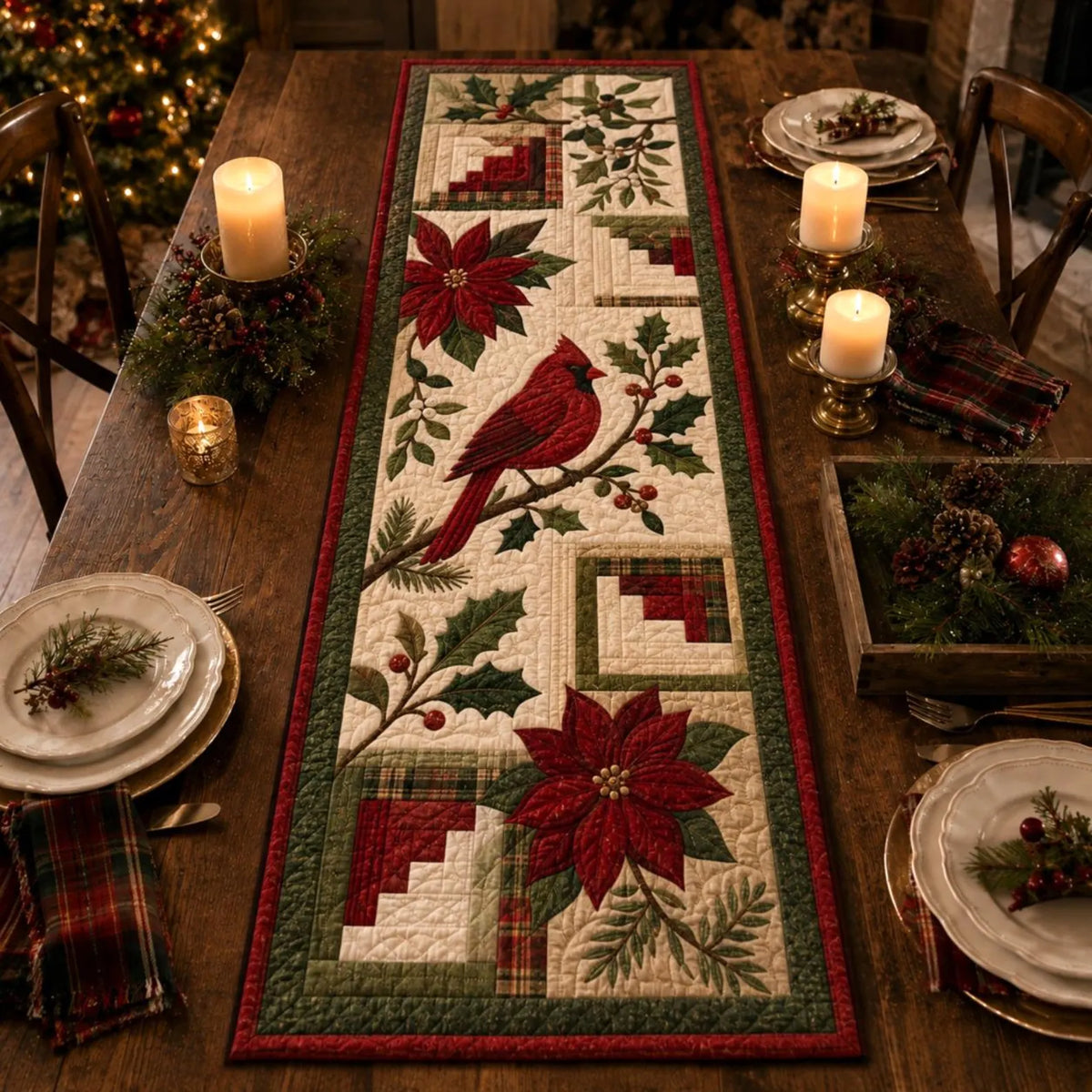 Funny Christmas Quilted Table Runner, Traditional Red Green Holiday Table Decor, Holiday Winter Dining Table Decor, Festive Farmhouse Xmas Decor	QTPPETAL28