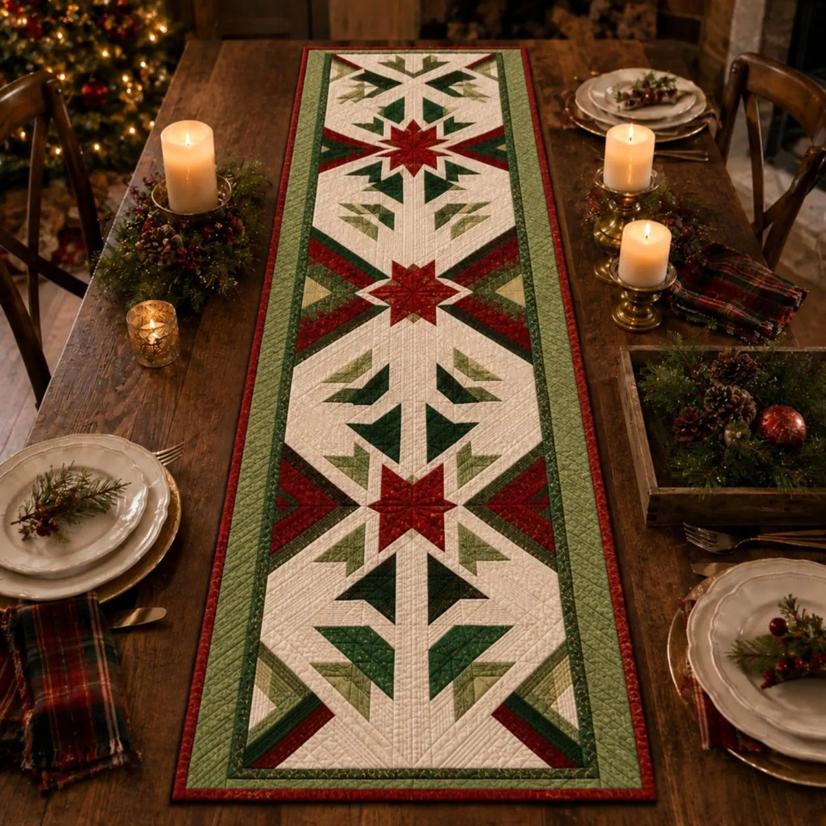 Christmas Quilted Table Runner, Traditional Red Green Holiday Table Decor, Holiday Winter Dining Table Decor, Festive Farmhouse Xmas Decor. QTPPETAL29
