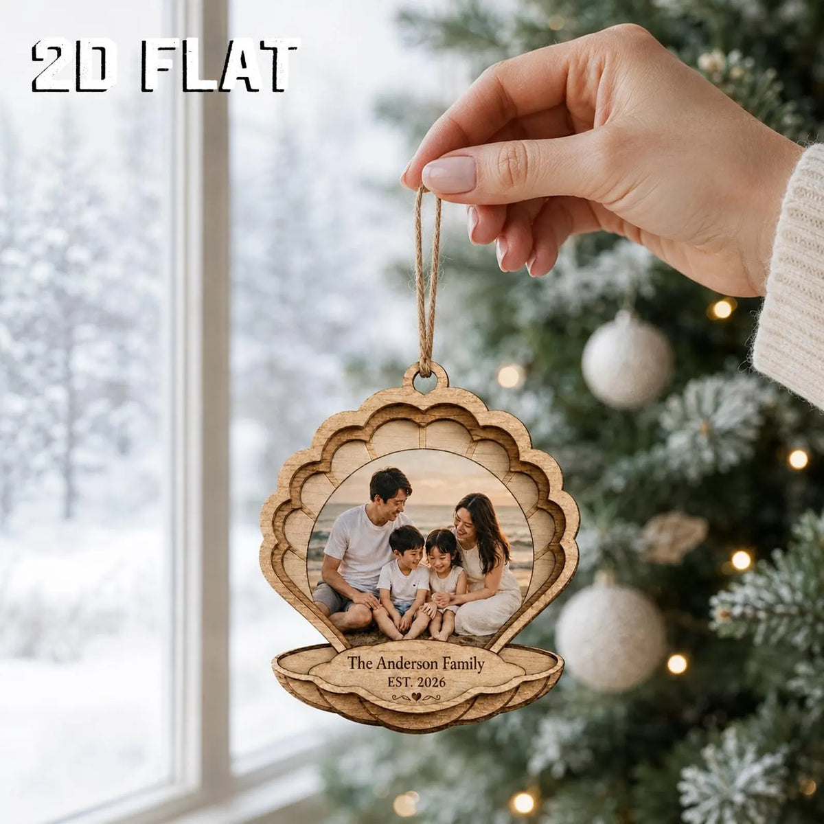 Personalized Photo Christmas 2d Flat Ornament, Custom Family Wooden Ornament 2026, Seashell Photo Keepsake, Family Name Gift 	COPETAL08