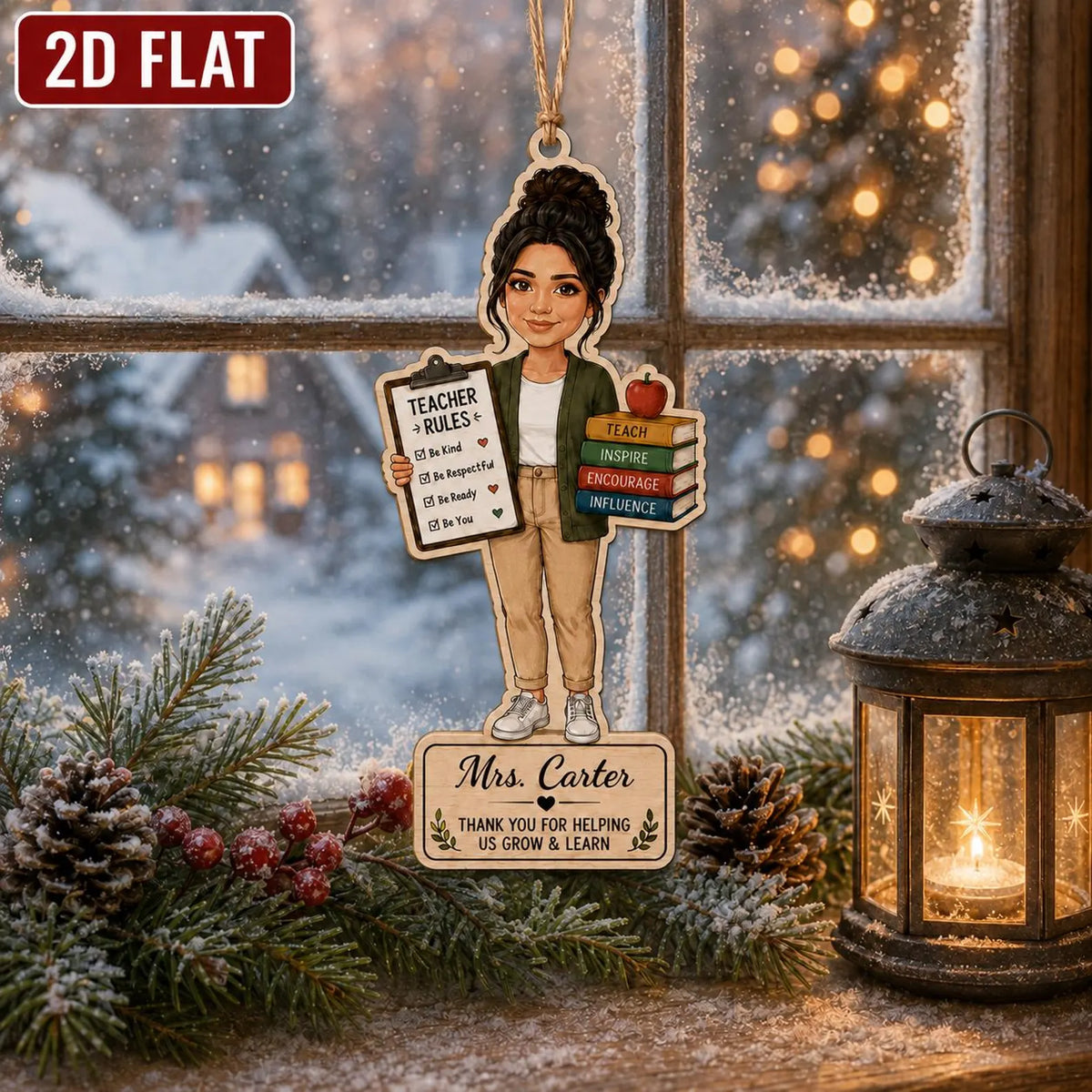 Personalized Teacher Wooden Ornament, Custom Name Teacher Christmas Gift, 2D Flat School Ornament, Thank You Teacher Keepsake 	COPETAL14