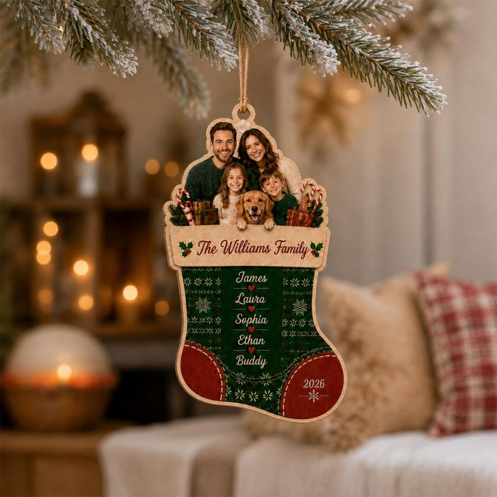 Personalized Family Stocking Photo Wooden Ornament, Custom Christmas Ornament 2026, Family Name Keepsake, Pet Family Christmas Gift	COPETAL21