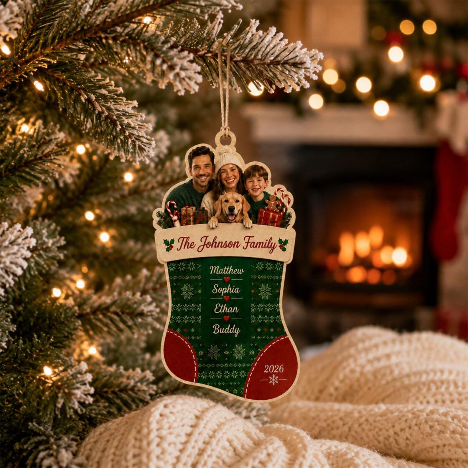 Personalized Family Stocking Photo Wooden Ornament, Custom Christmas Ornament 2026, Family Name Keepsake, Pet Family Christmas Gift	COPETAL21