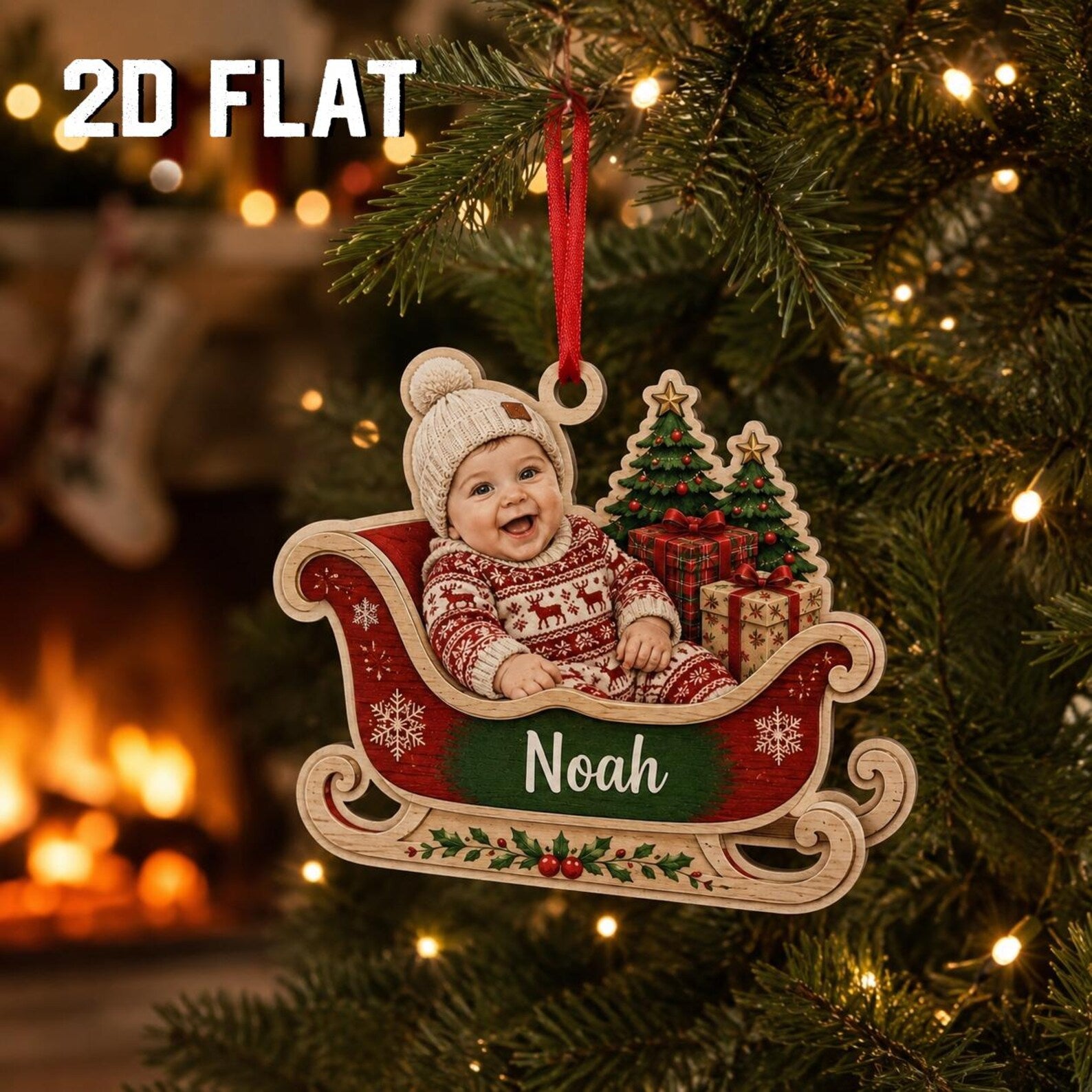 Personalized Baby Photo Christmas Ornament, Custom Name Wooden Sleigh Ornament, Baby First Christmas Keepsake, Newborn Holiday Gift	COPETAL25