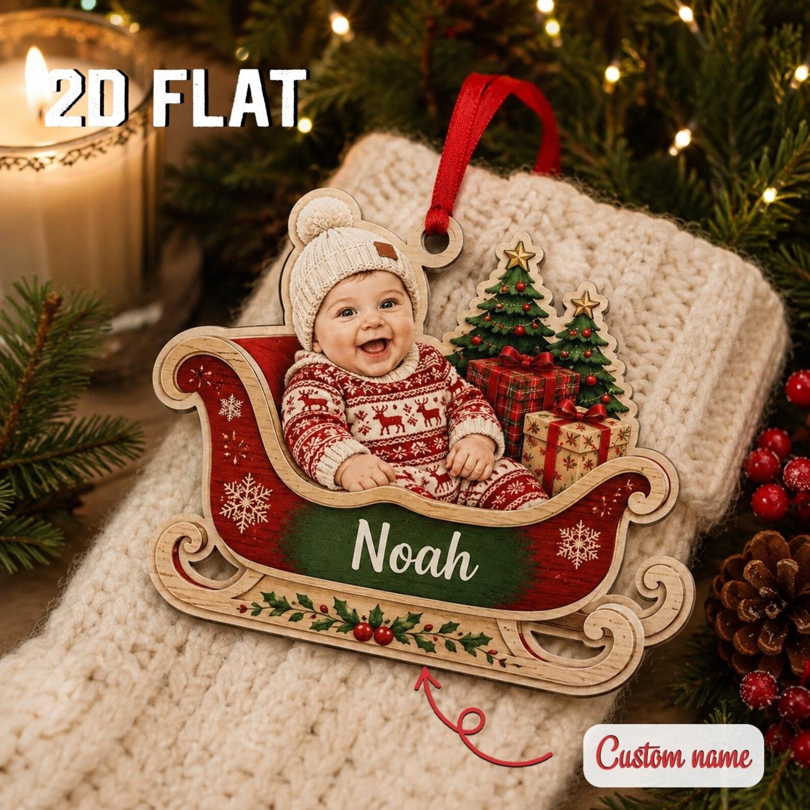 Personalized Baby Photo Christmas Ornament, Custom Name Wooden Sleigh Ornament, Baby First Christmas Keepsake, Newborn Holiday Gift	COPETAL25