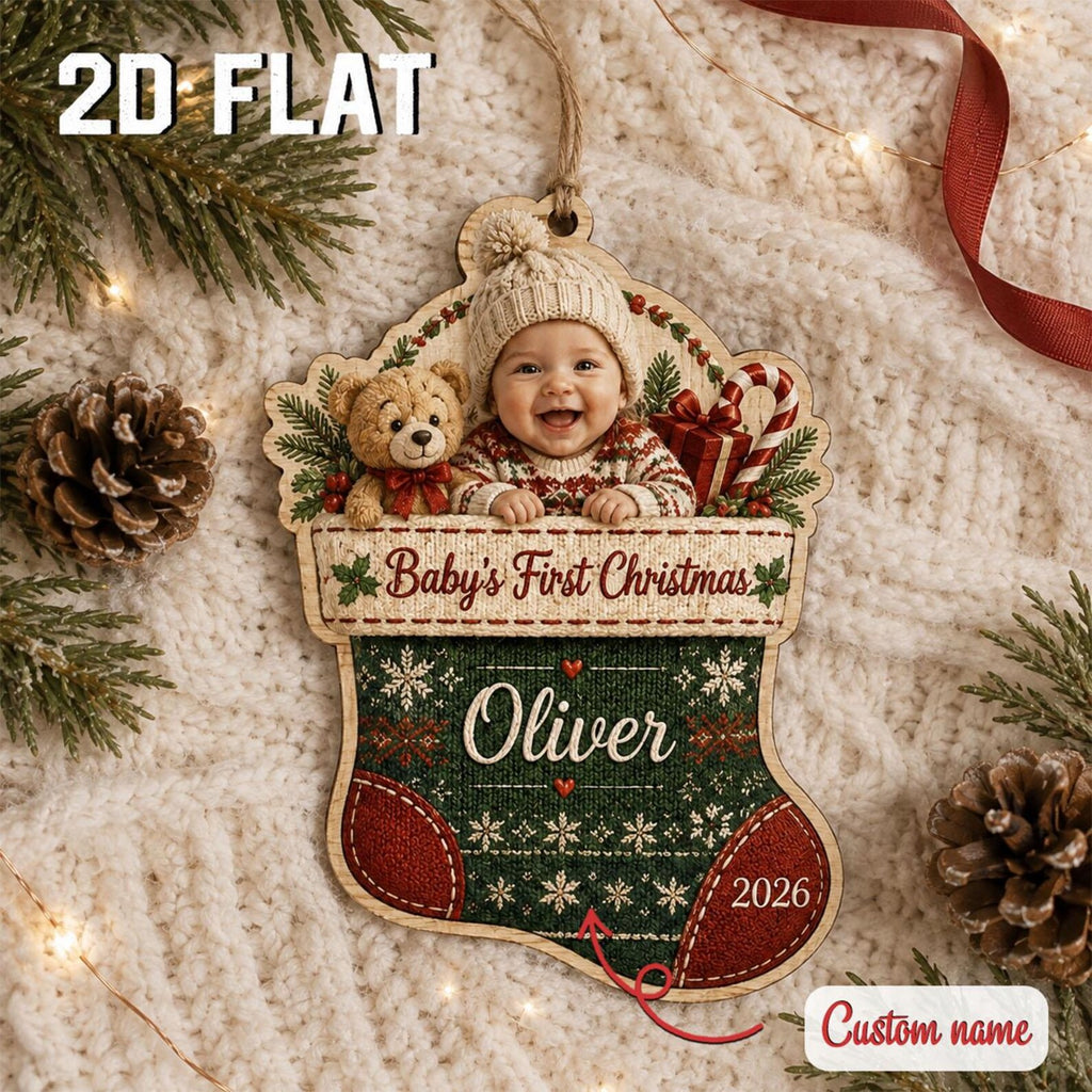Personalized Baby First Christmas Ornament 2026, Custom Photo Wooden Stocking, Newborn Keepsake, Baby Boy Girl Holiday Gift	COPETAL26