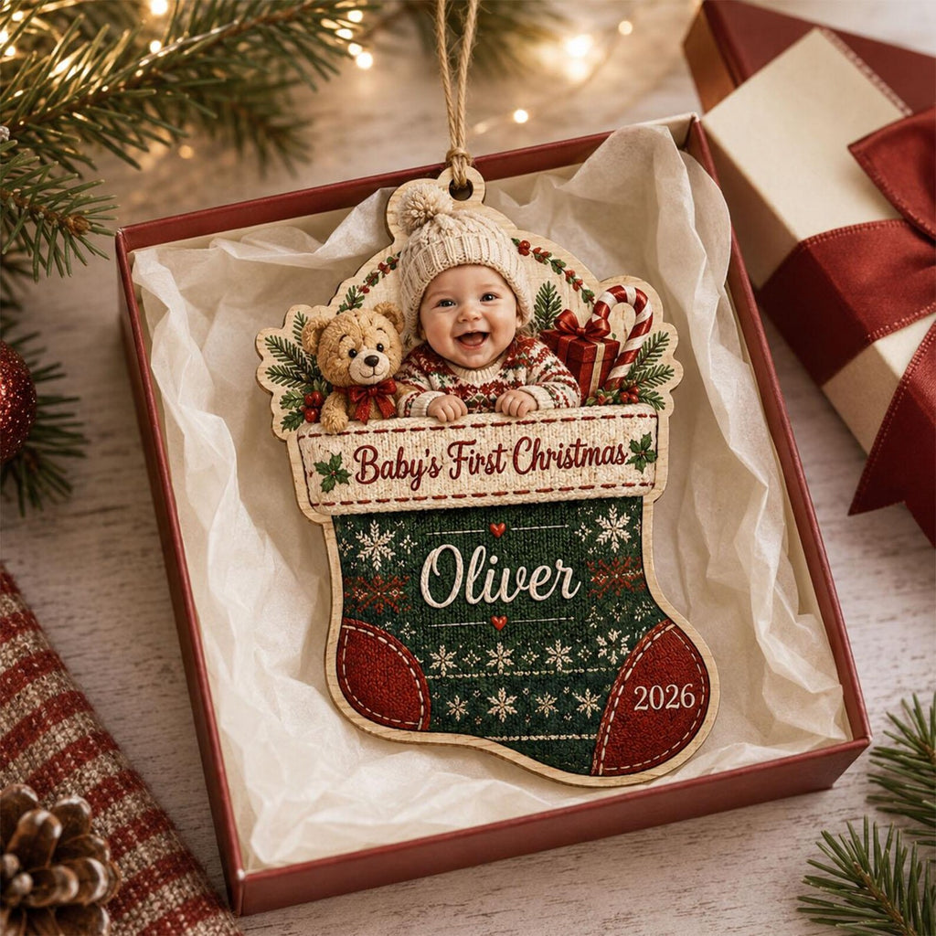 Personalized Baby First Christmas Ornament 2026, Custom Photo Wooden Stocking, Newborn Keepsake, Baby Boy Girl Holiday Gift	COPETAL26