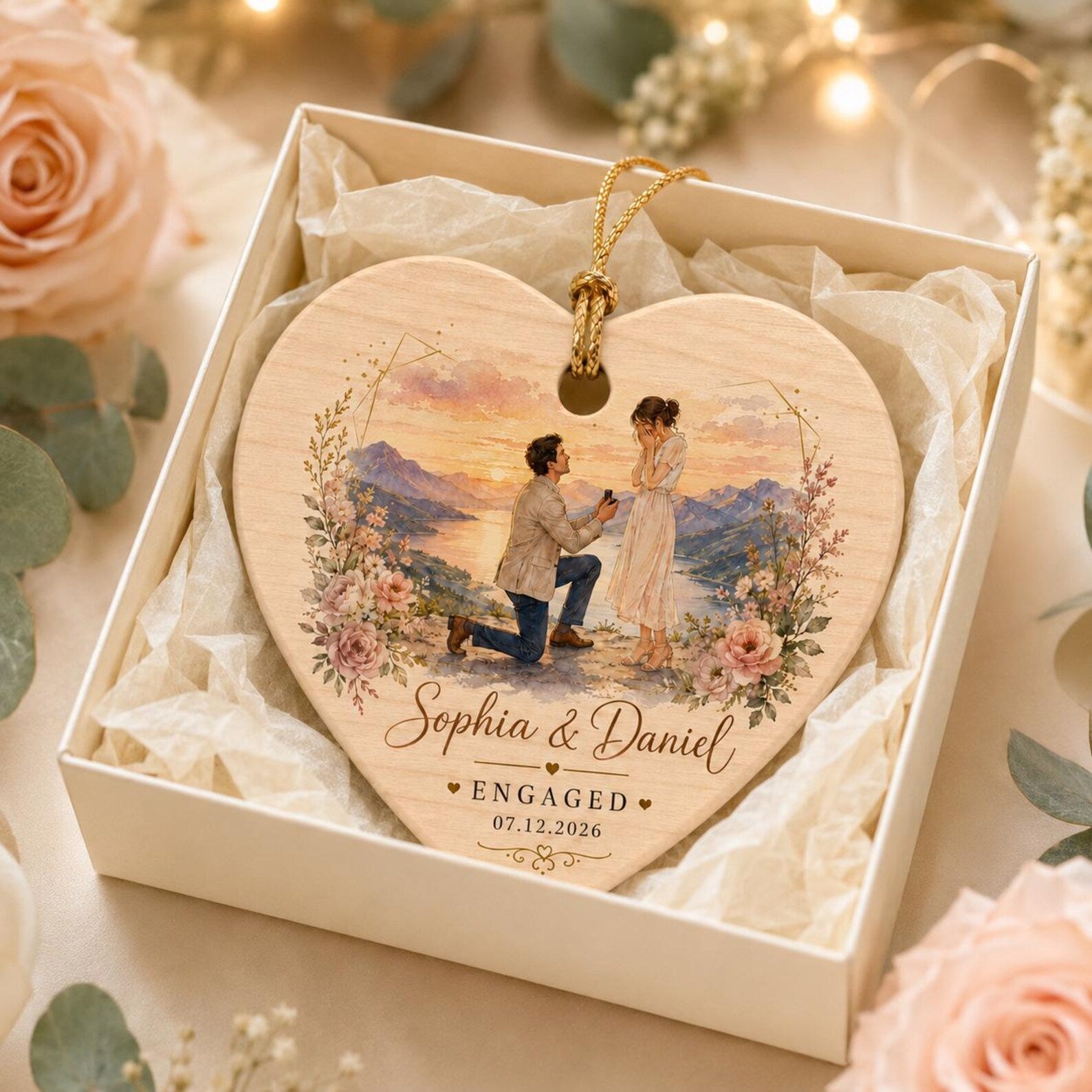 Personalized Engagement Ornament 2026, Custom Couple Names and Date, Wooden Heart Keepsake, Proposal Gift for Newly Engaged Couple	COPETAL28