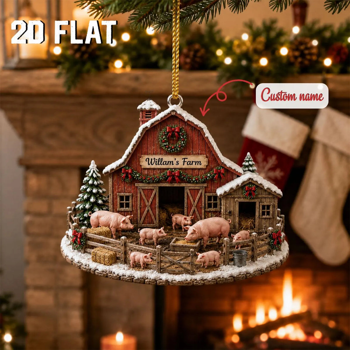 Personalized Farm Christmas Ornament, Custom Name Pig Barn Ornament, Farmer Family Gift, Rustic Wooden Homestead Christmas Decor	COPETAL33