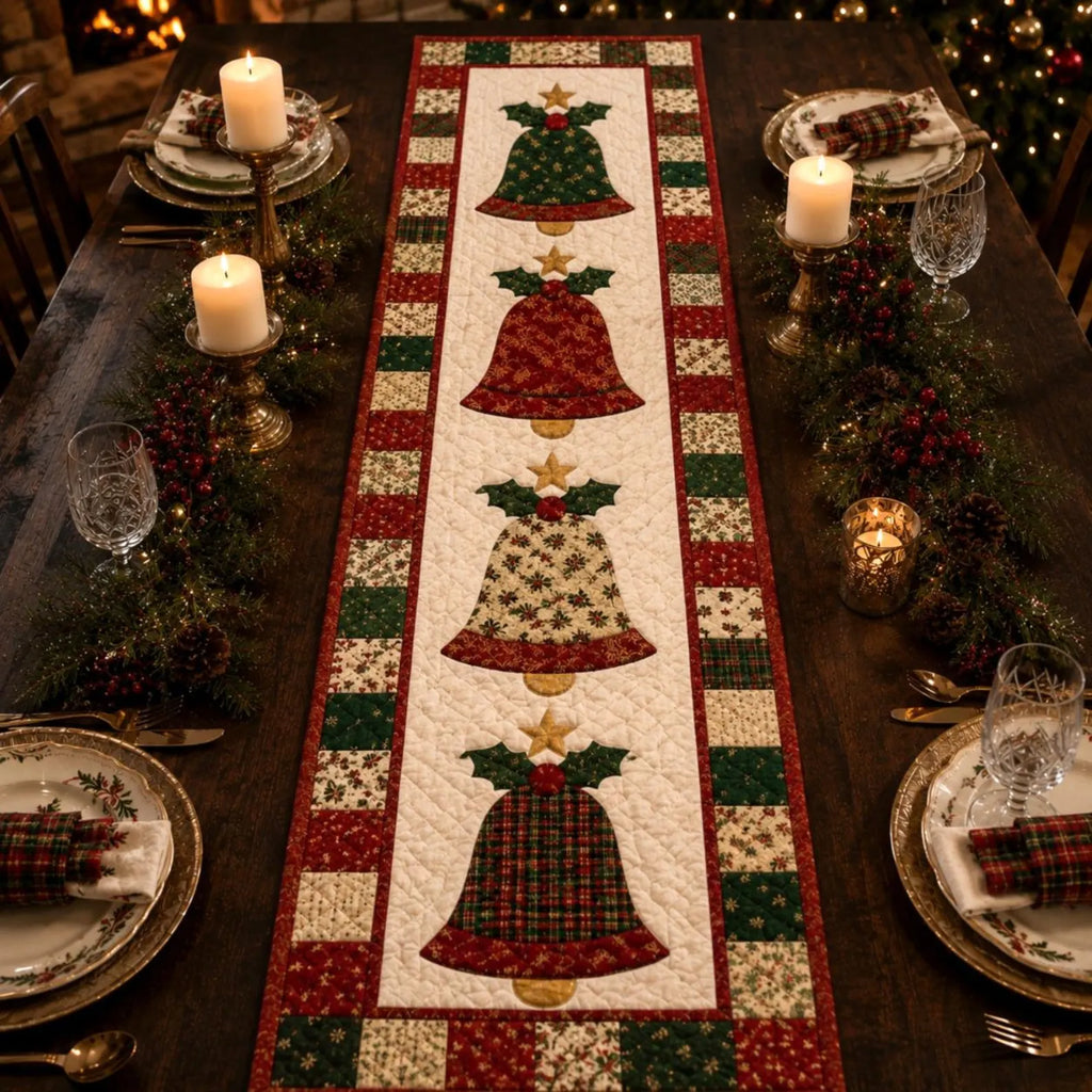 Christmas Quilted Table Runner, Traditional Red Green Holiday Table Decor, Funny Xmas Holiday Winter Dining Table Decor, Festive Farmhouse Xmas Decor	QTPPETAL32