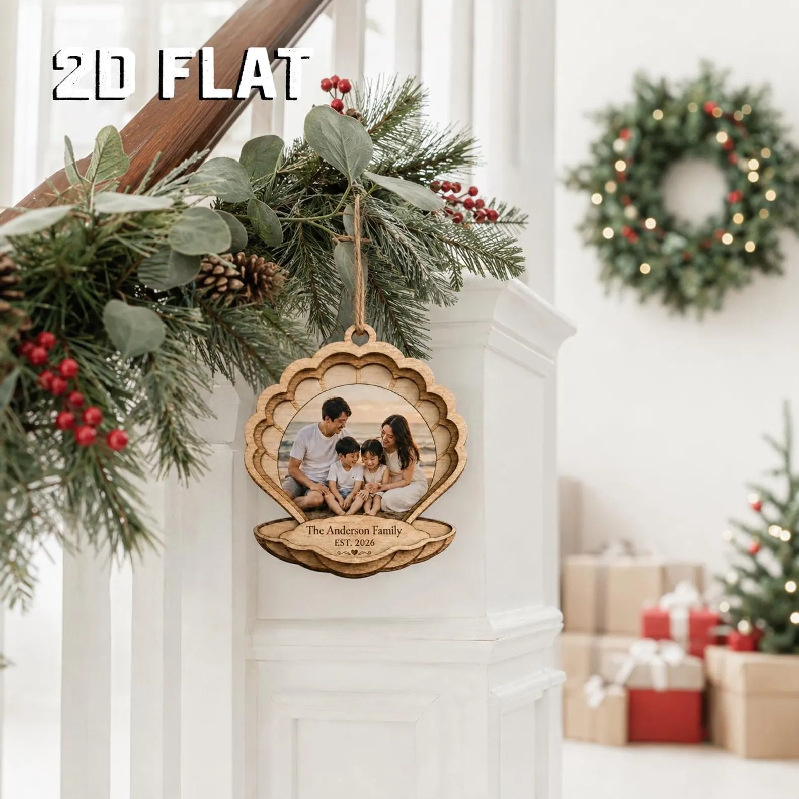 Personalized Photo Christmas 2d Flat Ornament, Custom Family Wooden Ornament 2026, Seashell Photo Keepsake, Family Name Gift 	COPETAL08