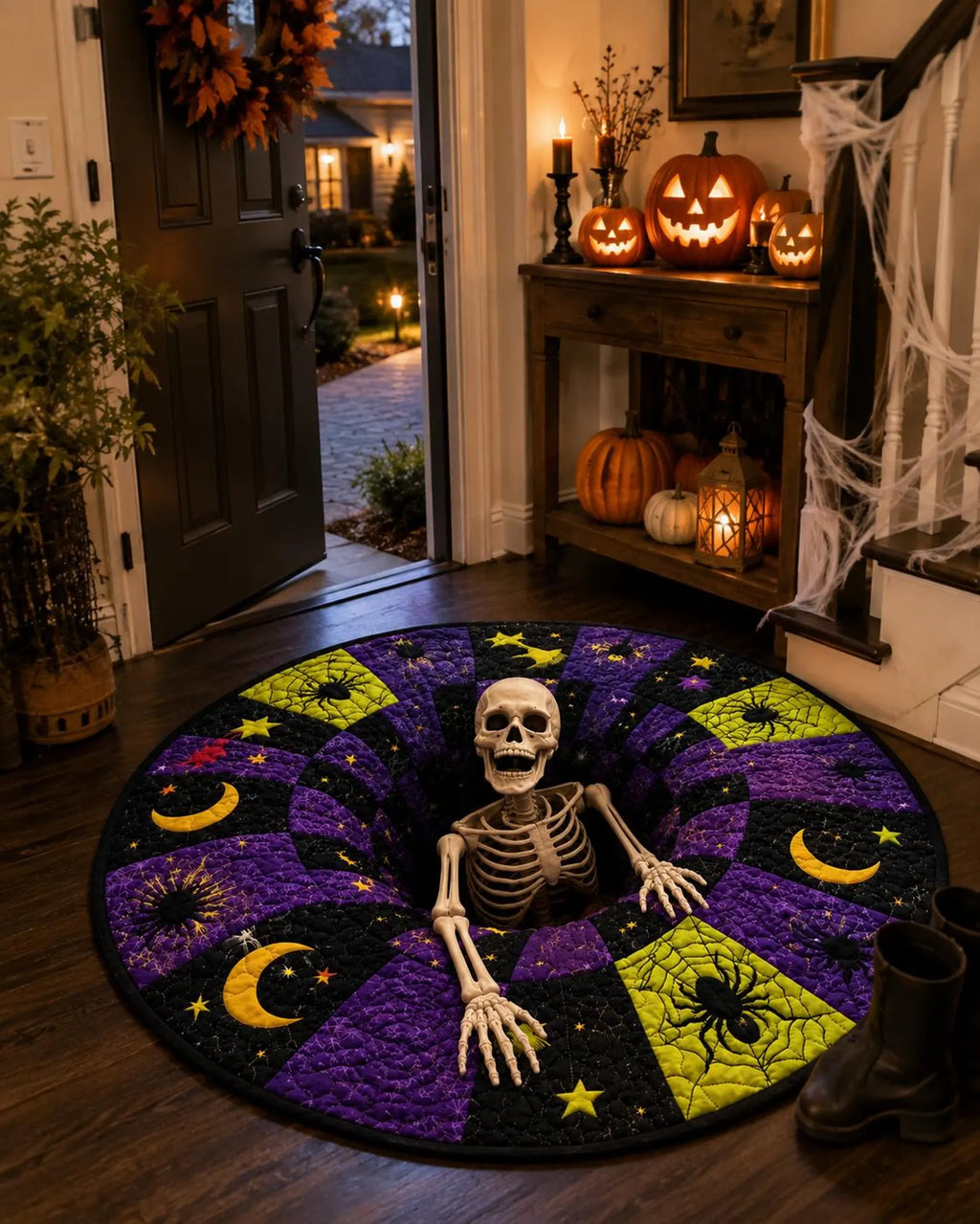 Halloween Quilted Rug, Round Spooky Rug, Spooky Floor Mat, Witchy Decor, Skeleton Rug, Handmade Fall Decor, Halloween Gift, Fall Home Accent. QRPETAL23