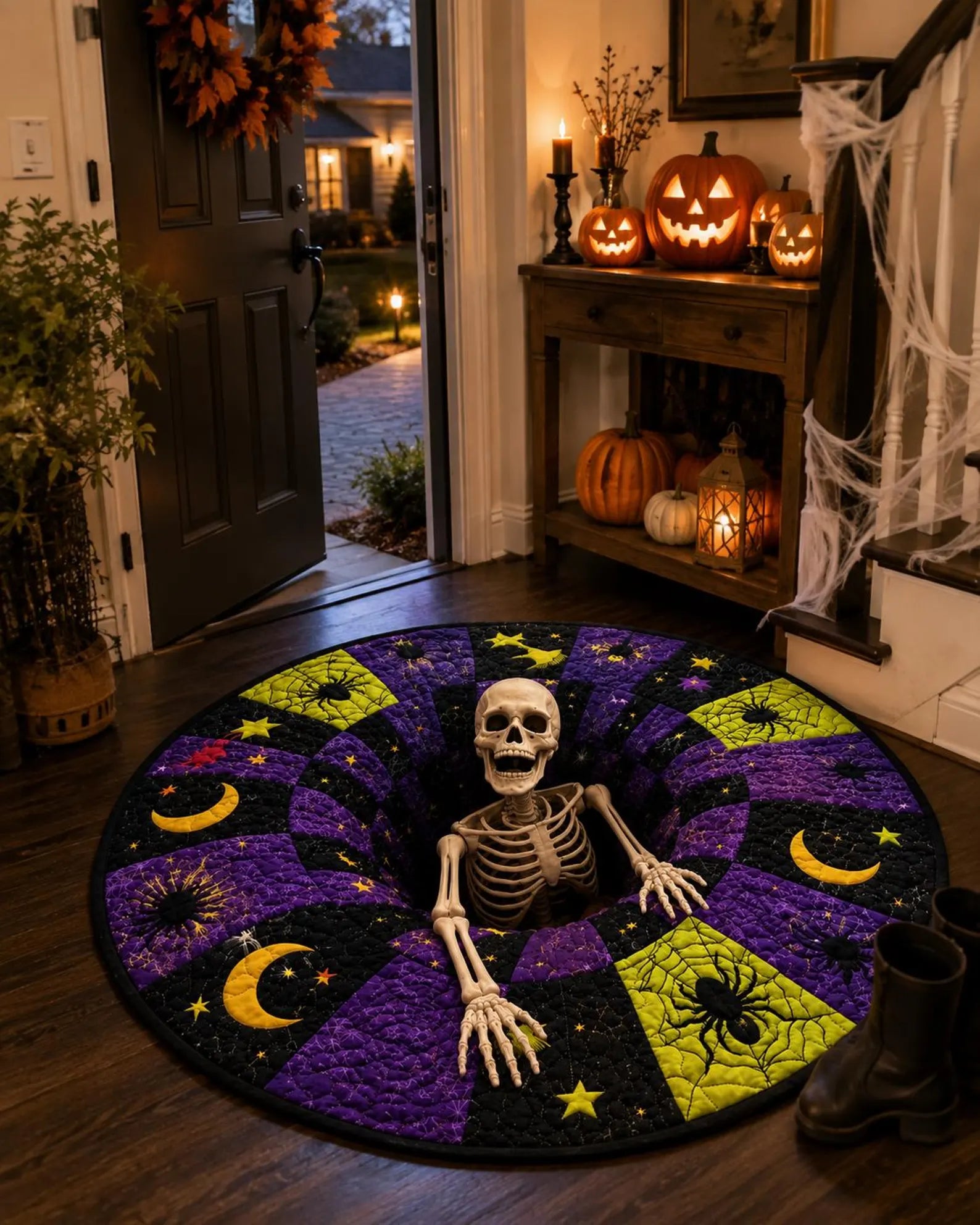 Halloween Quilted Rug, Round Spooky Rug, Spooky Floor Mat, Witchy Decor, Skeleton Rug, Handmade Fall Decor, Halloween Gift, Fall Home Accent. QRPETAL23