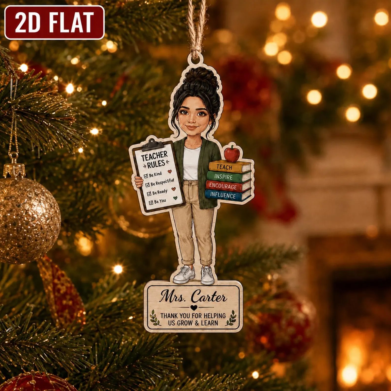Personalized Teacher Wooden Ornament, Custom Name Teacher Christmas Gift, 2D Flat School Ornament, Thank You Teacher Keepsake 	COPETAL14