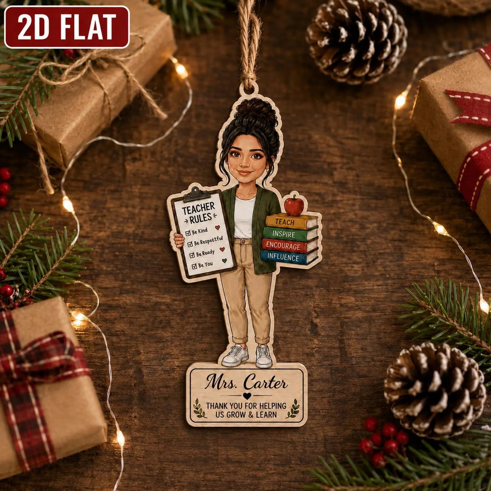 Personalized Teacher Wooden Ornament, Custom Name Teacher Christmas Gift, 2D Flat School Ornament, Thank You Teacher Keepsake 	COPETAL14