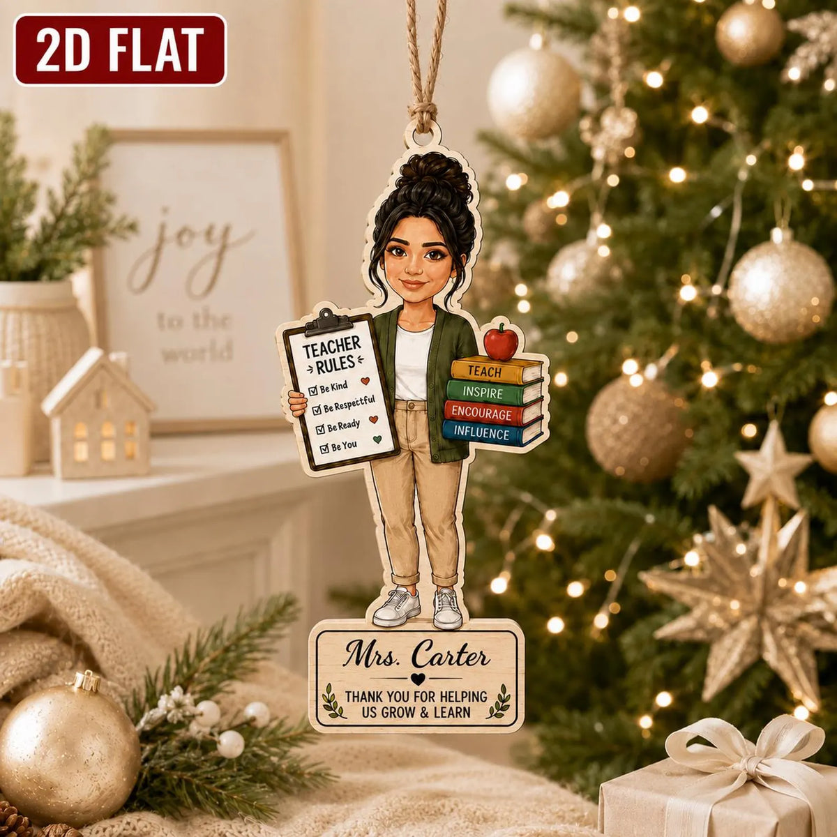 Personalized Teacher Wooden Ornament, Custom Name Teacher Christmas Gift, 2D Flat School Ornament, Thank You Teacher Keepsake 	COPETAL14