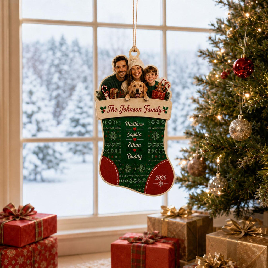 Personalized Family Stocking Photo Wooden Ornament, Custom Christmas Ornament 2026, Family Name Keepsake, Pet Family Christmas Gift	COPETAL21
