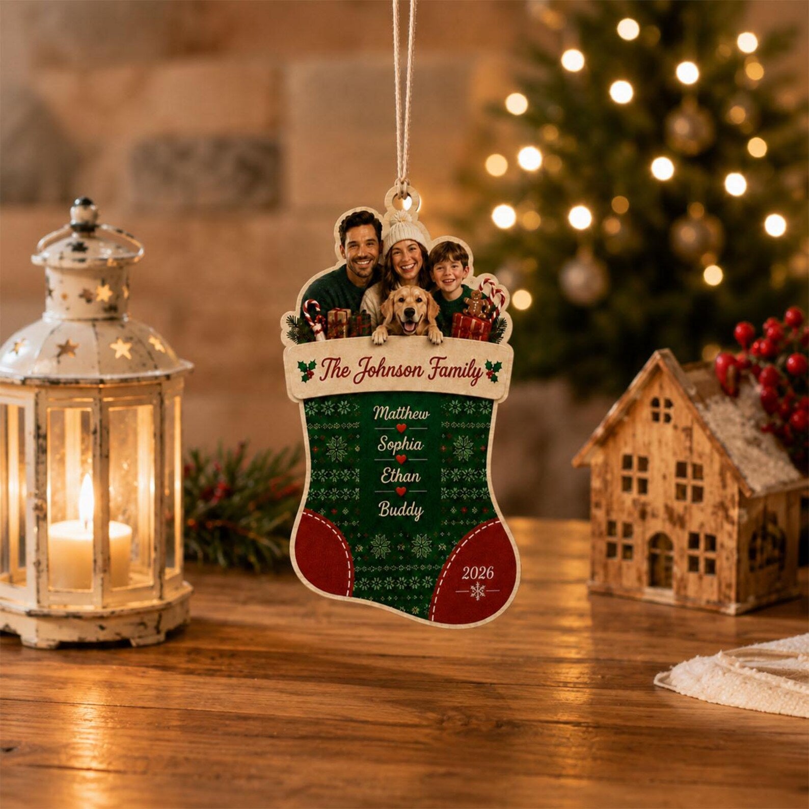 Personalized Family Stocking Photo Wooden Ornament, Custom Christmas Ornament 2026, Family Name Keepsake, Pet Family Christmas Gift	COPETAL21