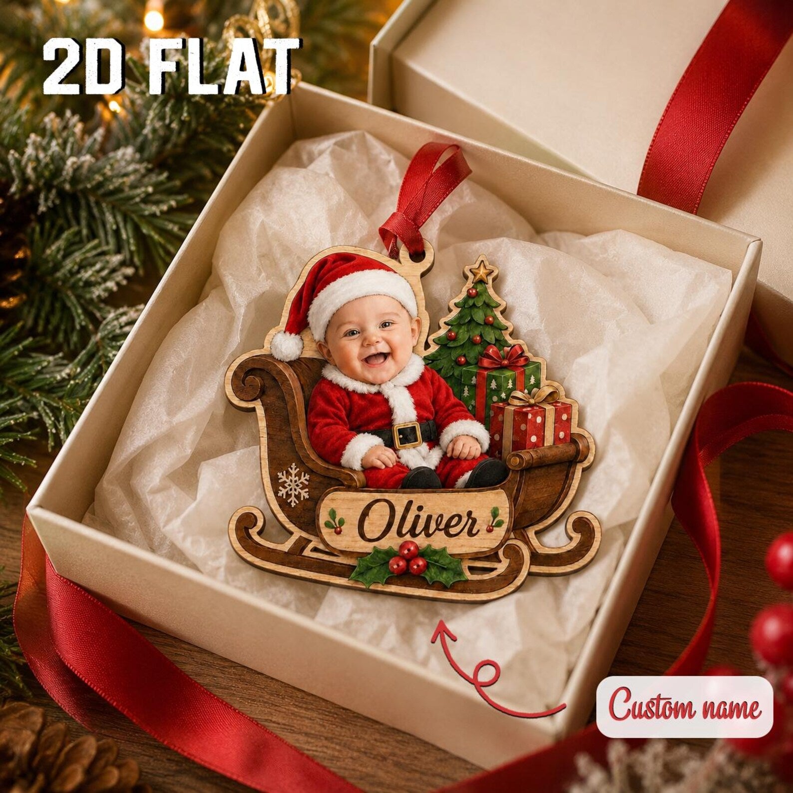 Personalized Baby First Christmas Ornament 2026, Custom Photo Wooden Keepsake, Santa Sleigh Ornament, Newborn Christmas Gift	COPETAL24