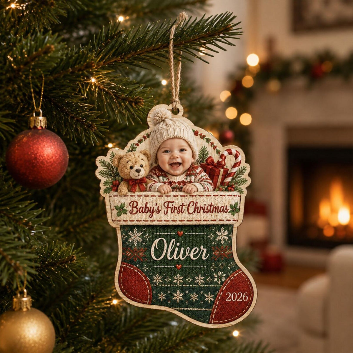 Personalized Baby First Christmas Ornament 2026, Custom Photo Wooden Stocking, Newborn Keepsake, Baby Boy Girl Holiday Gift	COPETAL26