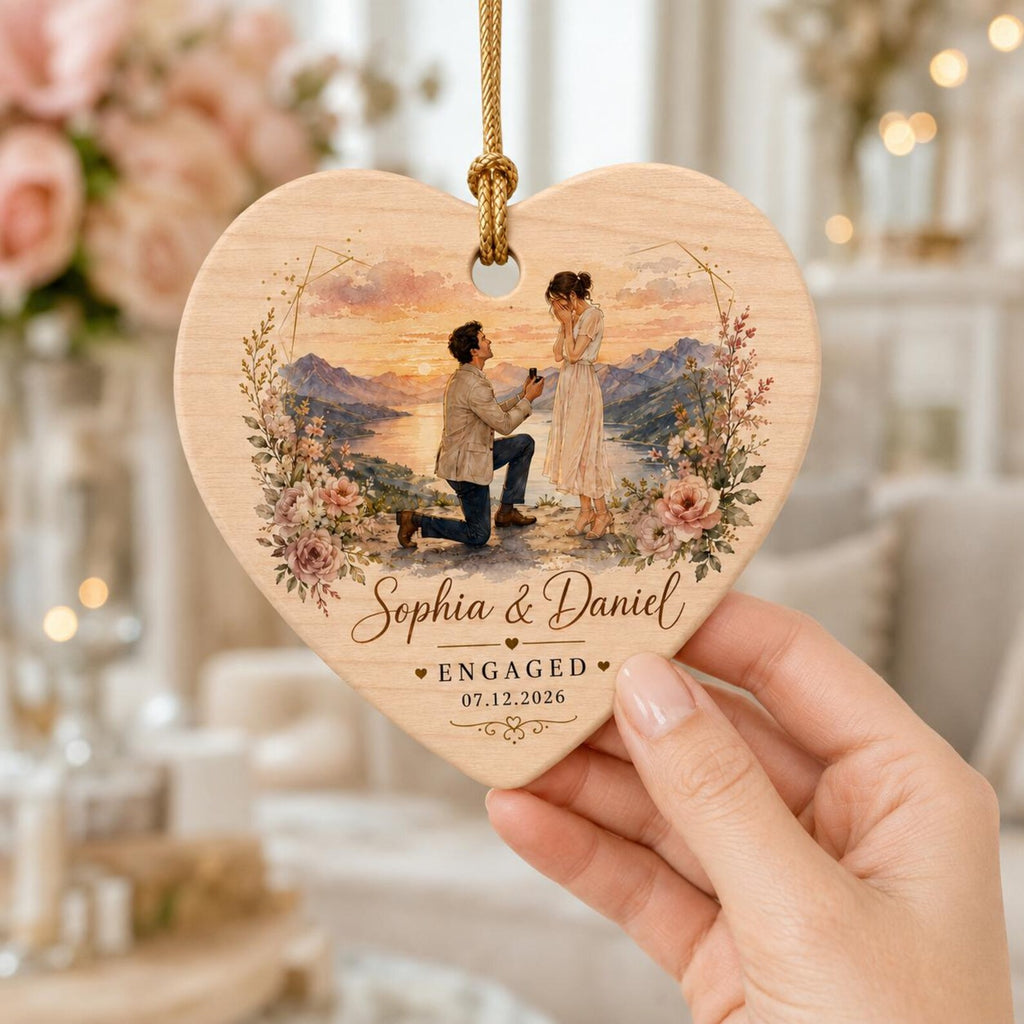 Personalized Engagement Ornament 2026, Custom Couple Names and Date, Wooden Heart Keepsake, Proposal Gift for Newly Engaged Couple	COPETAL28