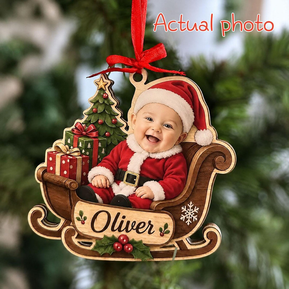 Personalized Baby First Christmas Ornament 2026, Custom Photo Wooden Keepsake, Santa Sleigh Ornament, Newborn Christmas Gift	COPETAL24