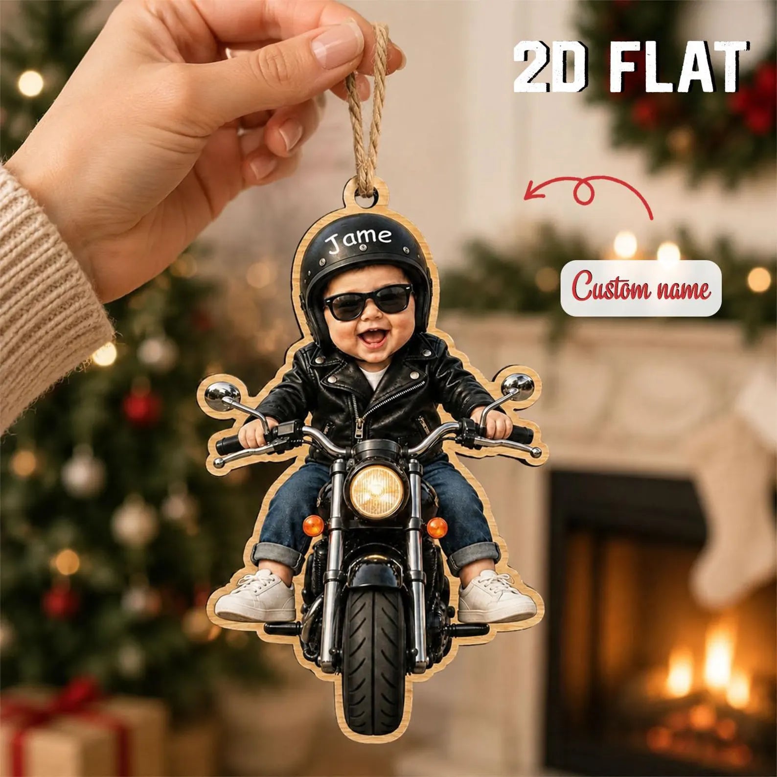 Personalized Baby Motorcycle Ornament, Custom Photo Christmas Ornament, Baby Biker Gift, Custom Name Wooden Ornament, New Dad Keepsake	COPETAL32