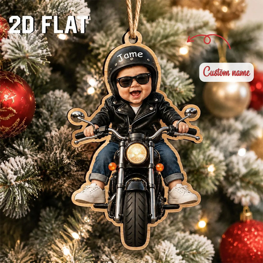 Personalized Baby Motorcycle Ornament, Custom Photo Christmas Ornament, Baby Biker Gift, Custom Name Wooden Ornament, New Dad Keepsake	COPETAL32